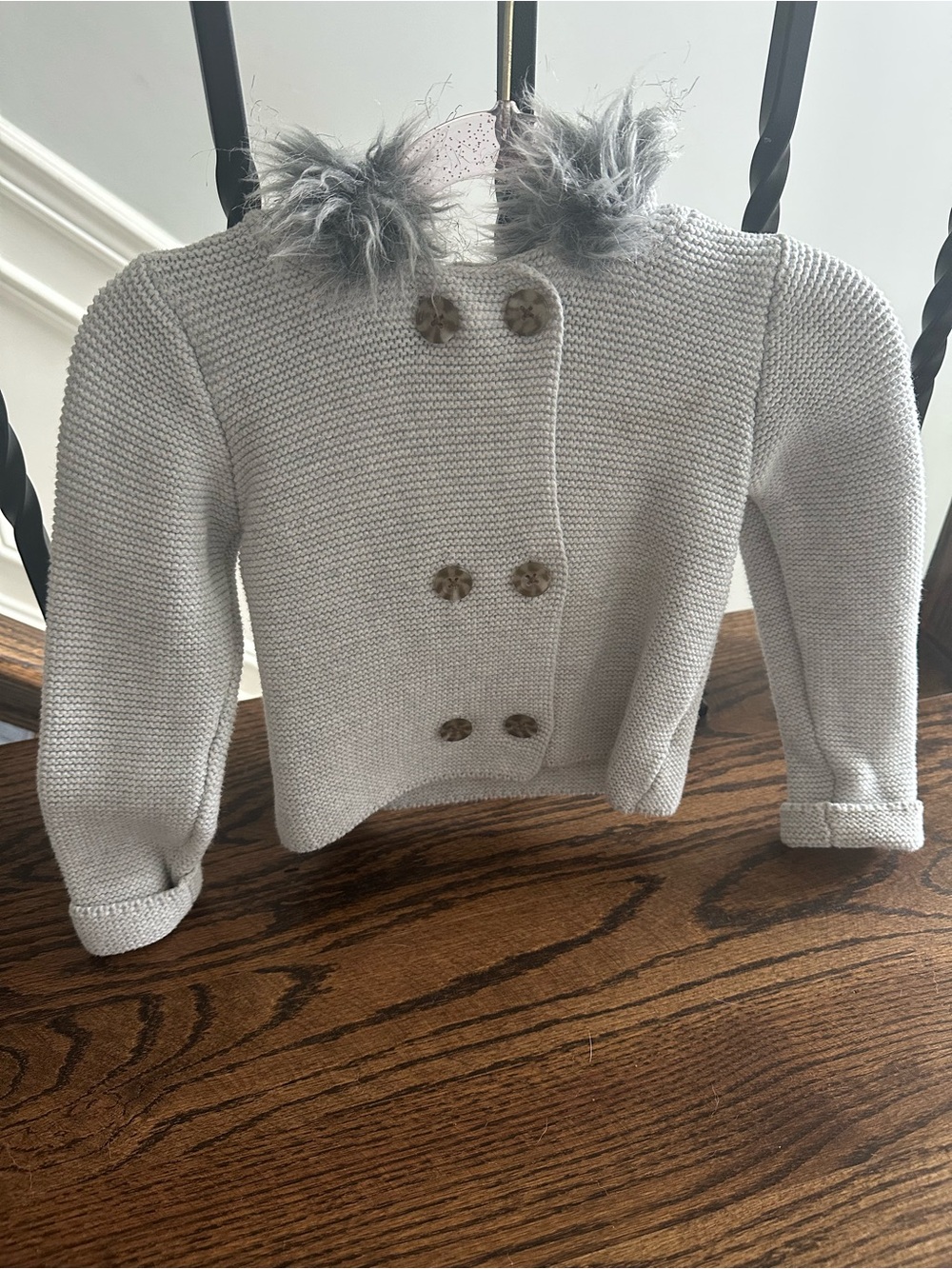 Hope & Henry Gray Knit Cardigan with Faux Fur Collar HooSize 8-24 month